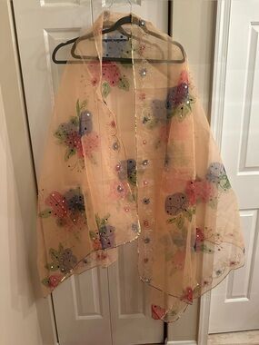 Viral Pakistani Hand-Painted Floral Organza Dupatta, Sequin-Embellished